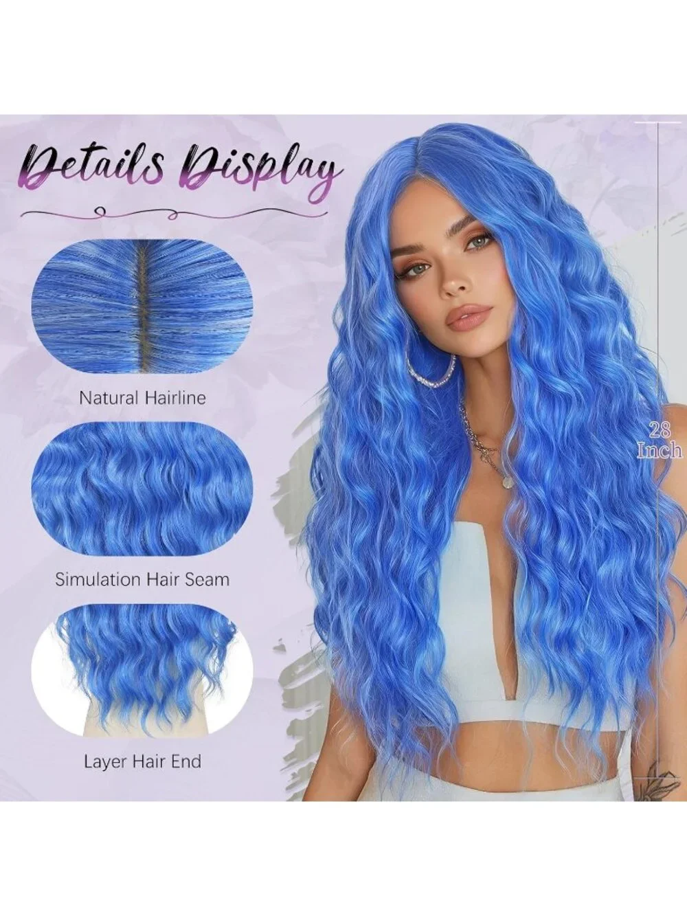 Women's Electric Blue 28 Inch Lace Front Soft Synthetic Long Wavy Curly Wigs